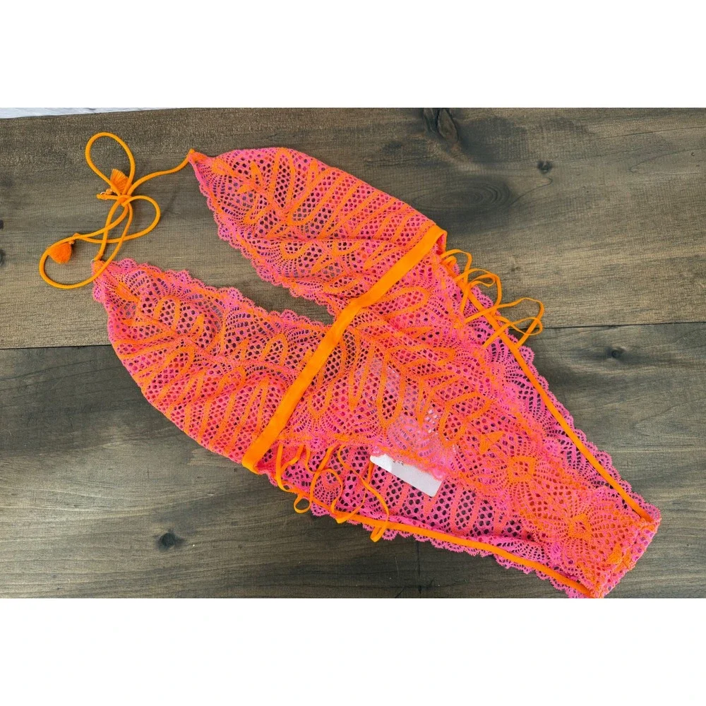 Savage X Fenty Stranded in Lace Crochet Teddy Neon Pink Orange L NWT Lingerie